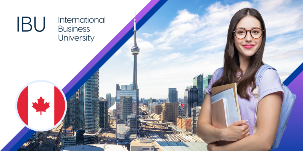 The text "International Business University", a Canadian flag illustration, and photos of a student and the Toronto skyline.