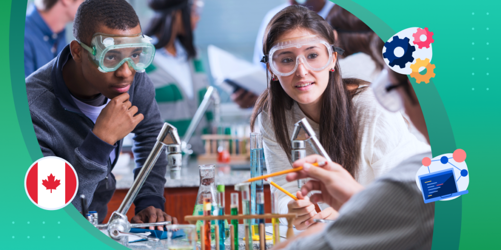 Two students wearing safety goggles conduct a science experiment using glass beakers and test tubes. They are framed by an illustrated green background and illustrations of gears, a networked computer, and a Canadian flag, representing STEM in Canada.