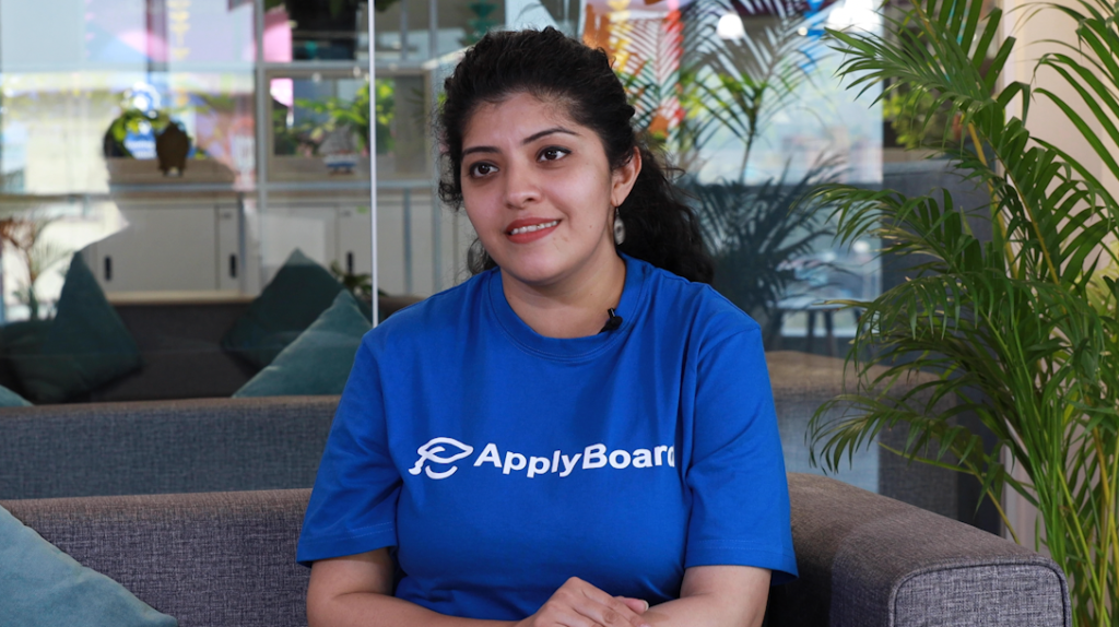 A photo of Kripali Kulkarni being interviewed at ApplyBoard's India office.