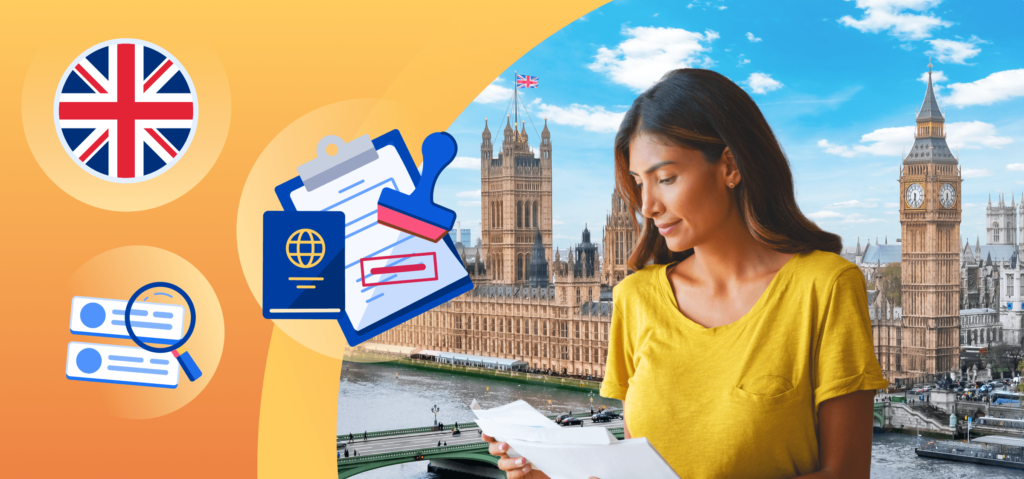 A female student wearing a yellow shirt looking down at some documents outside the UK, with illustrations of a passport and rejected visa document in the left.