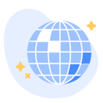 An illustration of a mirrorball, in shades of blue and white, with yellow sparkles