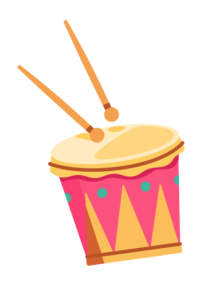 Illustration of a multicoloured drum and two drumsticks.