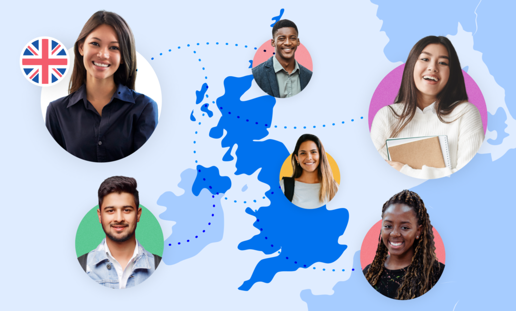 An illustrated map of the UK, surrounded by photos of international students and education professionals.
