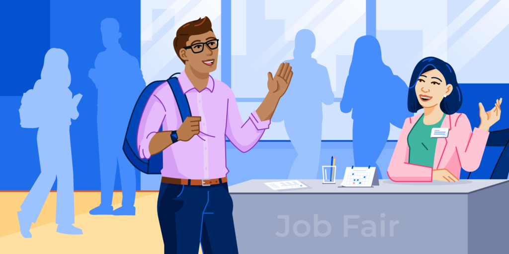 An illustration of a student at a campus job fair speaking to someone behind a table.