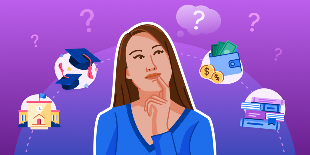Illustration of female student in the centre thinking, with images of books, graduation caps, money, and schools around her.