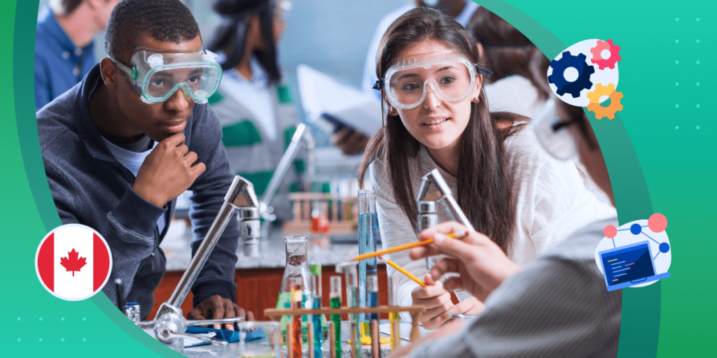 An illustration of two students in a science laboratory, representing stem study programs in Canada.