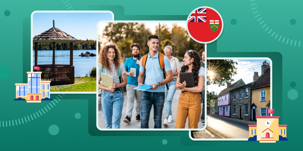 International students, framed by a lakeside and town centre views of Northern Ontario, plus an illustration of the Ontario flag
