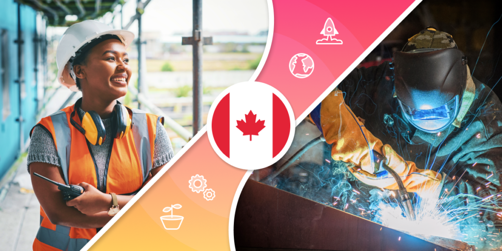 Illustration of two skilled trade workers and a Canadian flag in between them.