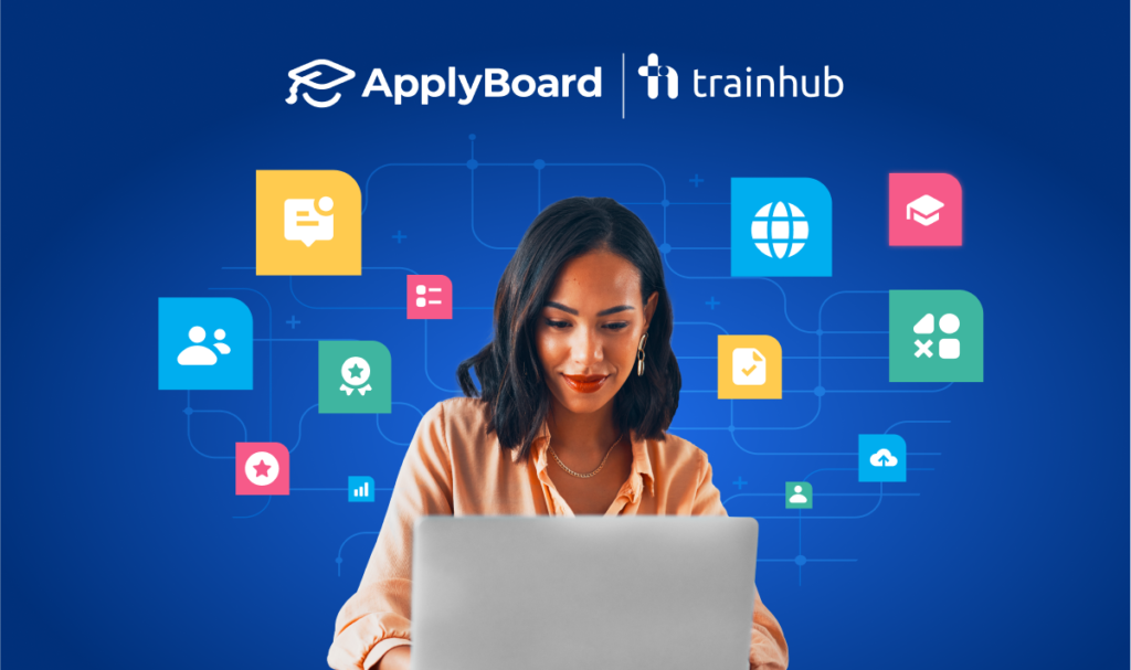 An image of a female recruitment professional smiling at her laptop, with colourful app icons surrounding her, signifying the many training and learning possibilities available through TrainHub.