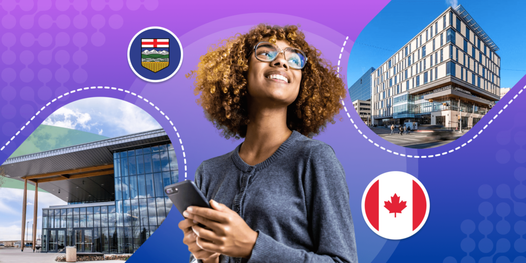 A female student with curly hair and glasses, holding a phone, looks upward hopefully. She is framed by images of the Alberta and Canada flags, as well as two Alberta college and polytechnic campus photos.