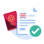 A red passport, a green checkmark, and a white piece of paper with a UK flag and the word 