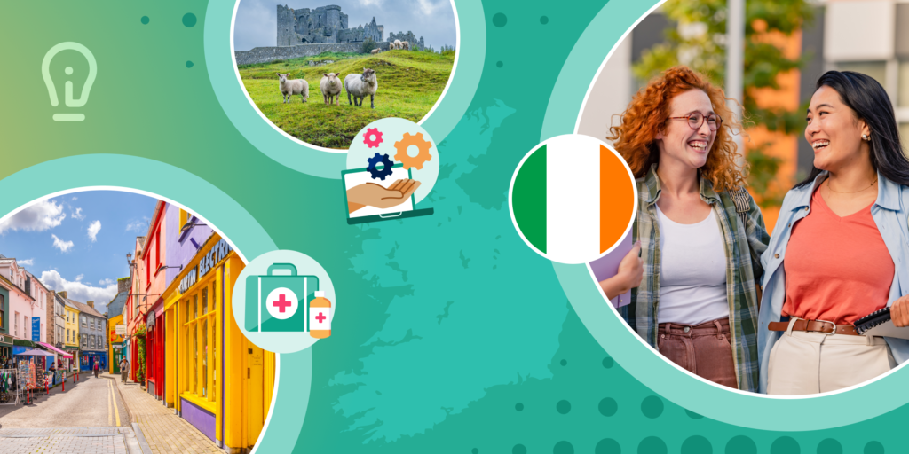 A green banner featuring photos of scenes of Ireland, including two international students talking and laughing with one another.