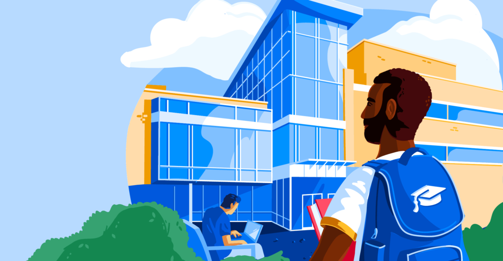 Illustration of a male student wearing a backpack in front of an education institution.