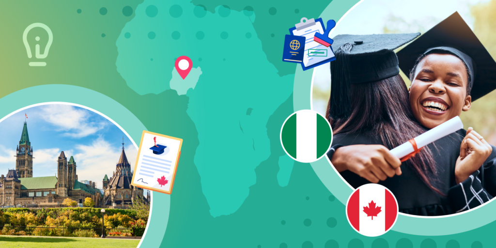 Canadian Parliament, a pair of Nigerian graduates embracing, the Nigerian flag, the Canadian flag, and an approved study permit.