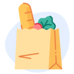 Illustration of groceries or food in a brown paper bag.