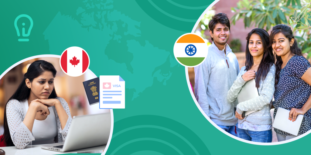 An Indian international student looks at a laptop, framed by a Canadian flag and passport illustration. A group of international students stand together; an Indian flag accents their photo.