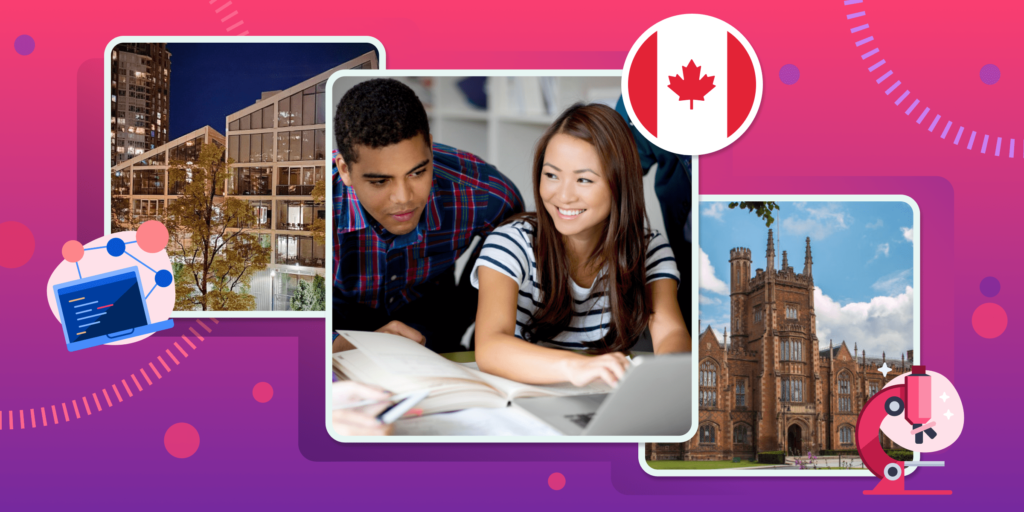 Two university campus buildings frame a photo of university students studying. Illustrations of a Canadian flag, a red microscope, and a networked laptop accent the three photos.