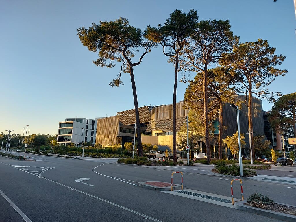 Curtin University's medical school and School of Design, as seen from the far side of University Boulevard at sunrise.