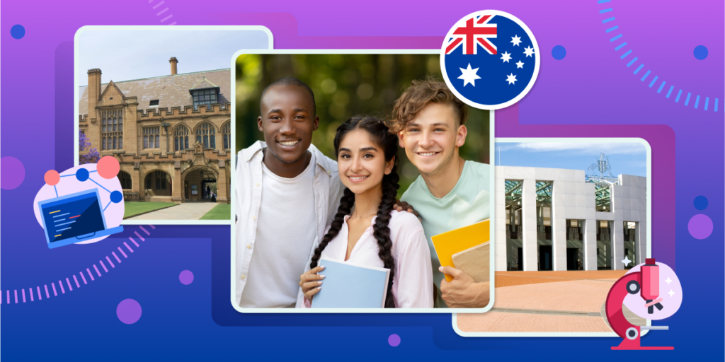 Two multi-storey university buildings in a collage with three international students in their early 20s, representing students at top-ranked Australian universities