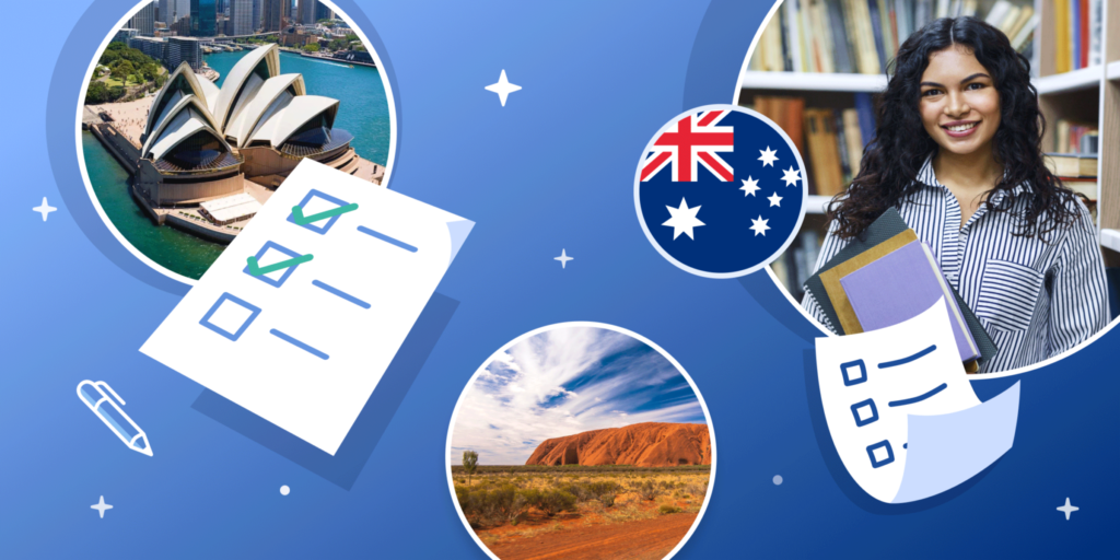 Spot illustrations of Australian landscapes, a female student holding books, checklists, and a flag of Australia.