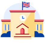 A graphic displaying a yellow school with a United Kingdom flag flying above it.