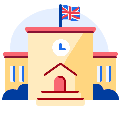 A graphic displaying a yellow school with a United Kingdom flag flying above it.