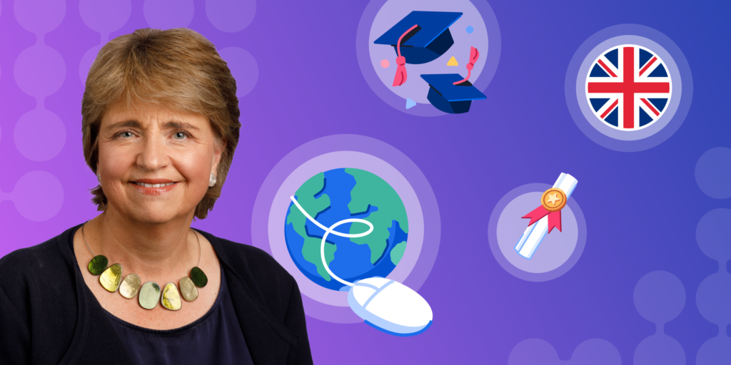 A banner image of ApplyBoard UK Advisory Board member Wendy Alexander next to education-themed icons such as a globe, graduation caps, and a graduation diploma, as well as the Union Jack.