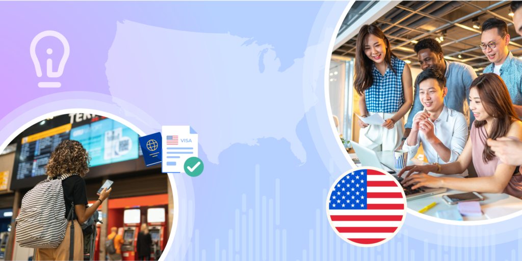 Article Banner showing students, US flag, ApplyInsights logo, and visa art.