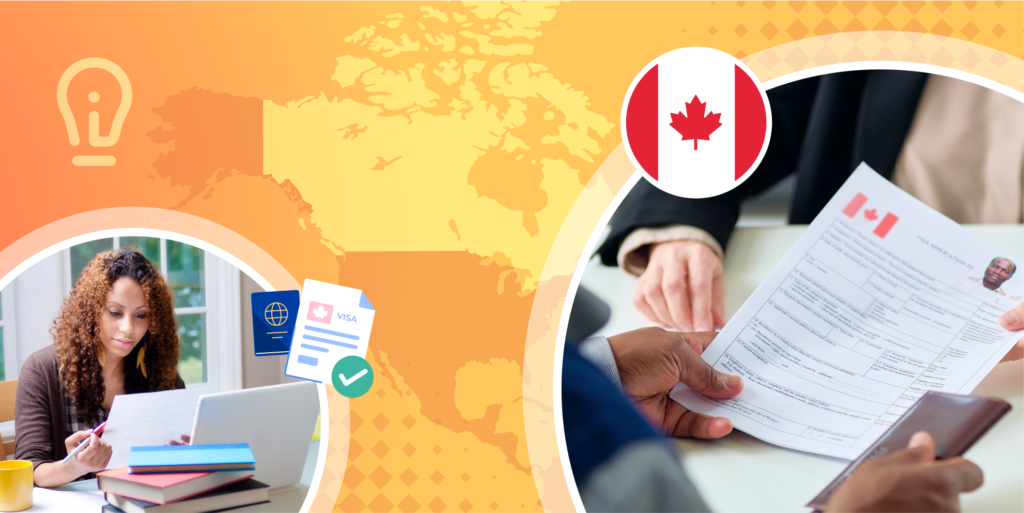 A woman reviews paperwork while sitting at a table in a bright room in one part of the image. In another, a study permit form with a Canadian flag in its upper corner is held above a table in one hand as the other hand holds a wallet.