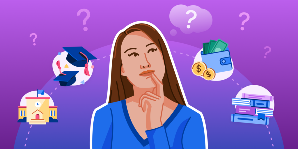 An illustration of a woman thinking, with spot illustrations of question marks, an institution, graduation caps, a wallet, and a pile of books around her.