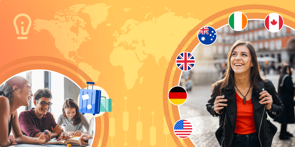 A group of students sit together and a young international student walks toward the camera in two images framed by a yellow-tone world map and flags of top international student destinations (US, UK, Canada, Germany, Australia, and Ireland)