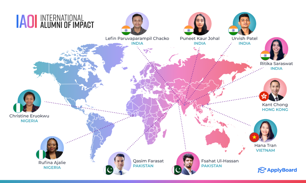 A stylized map of the world, with pins pointing to the country of origin of 10 International Alumni of Impact award winners, whose names and photos surround the map.