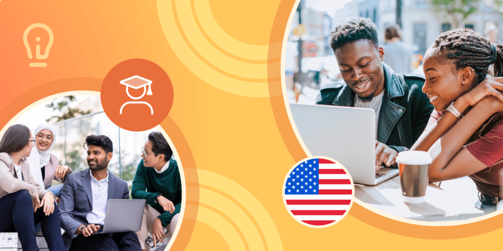 International students sit together, facing a laptop, framed by a yellow illustrated background and an image of the American flag.