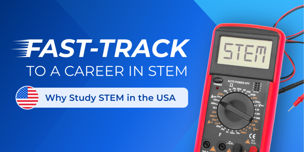 A red multimeter with the word "STEM" spelled out in its window rests on a blue illustrated background.