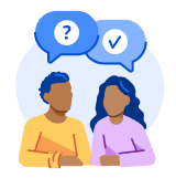 Two people with question and answer speech bubbles above their heads