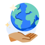 A cartoon globe hovers over an open hand, accented by a few white and yellow sparkles.