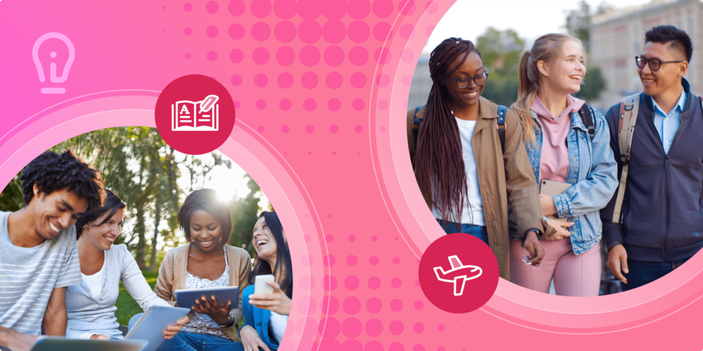 Groups of casually-dressed international students gather in campus spaces in two photos, framed by a pink illustrated background.