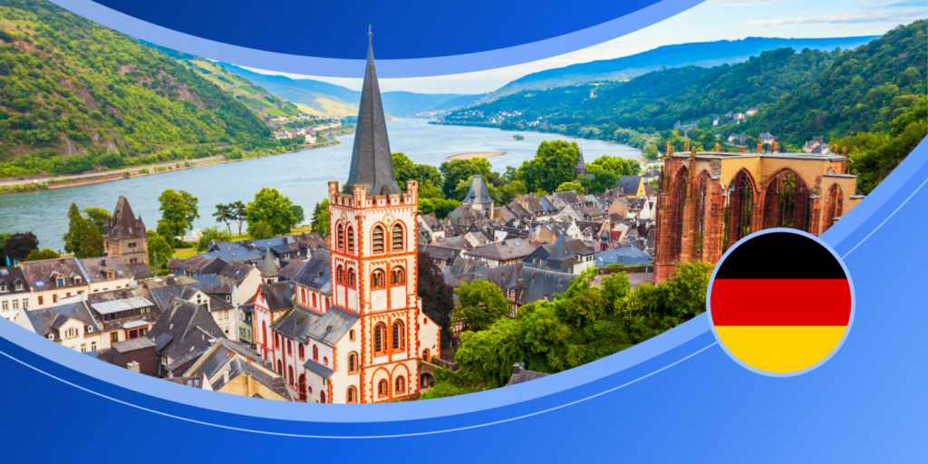 A bird's eye view of a German city, framed by an illustrated blue background and a round graphic of Germany's flag.