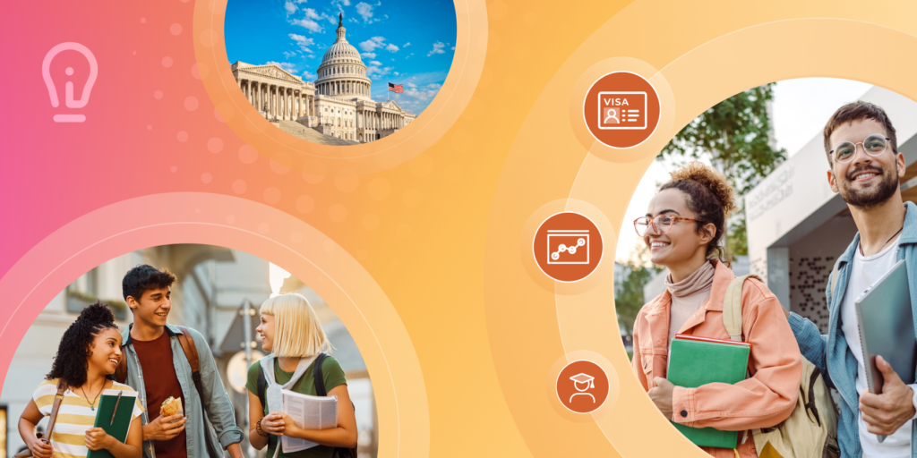 ApplyInsights banner on a yellow and pink background featuring round photos of smiling students, the US Capitol Building, and some line illustrations of charts