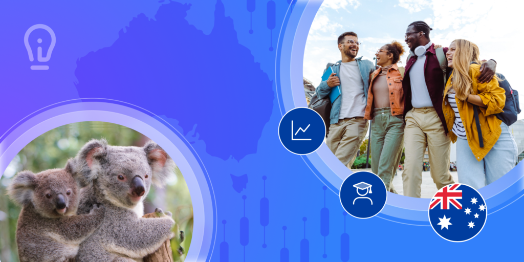 ApplyInsights banner featuring a silhouette of Australia, four students smiling together, and an illustration of the Australian flag on a blue background