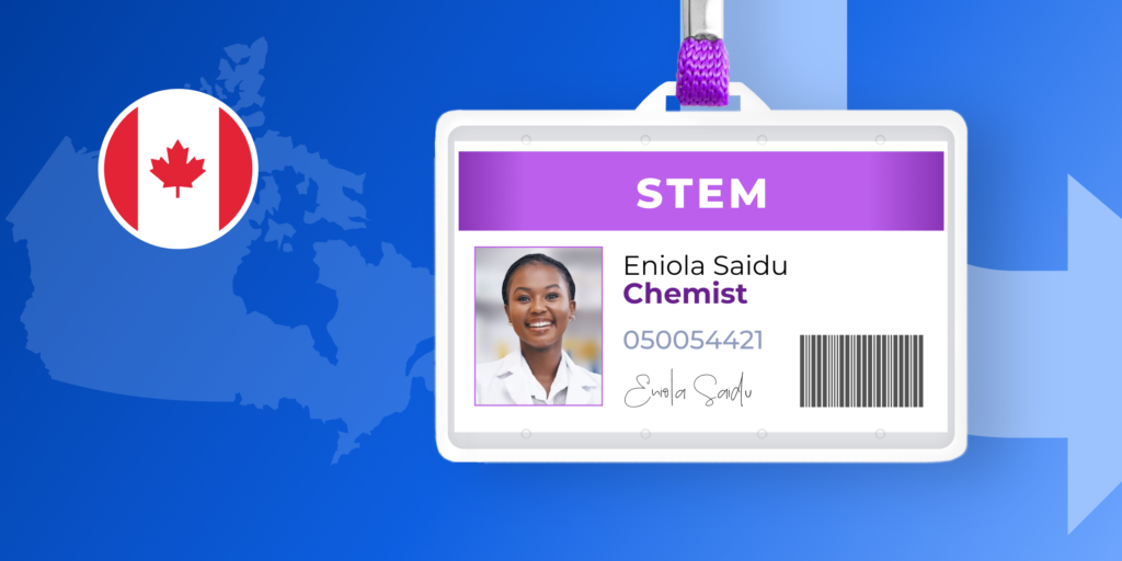 The simulated ID badge of a young Black woman in a chemistry role. It's framed by an illustrated white arrow pointing down and to the right, as well as an illustrated map and flag of Canada.