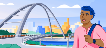 Illustration of a student standing in front of an arched bridge; the Edmonton, Alberta, Canada downtown skyline is in the background.