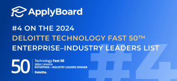 A blue banner with a white graduation cap logo and ApplyBoard branding, celebrating our 4th place award in the 2024 Deloitte Fast 50 Enterprise: Industry Leaders category.