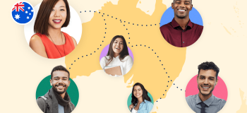 An illustrated map of Australia featuring photos of international students living and working there.