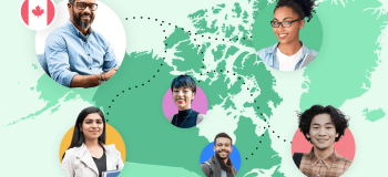 A map of Canada with six international students surrounding it, representing working in Canada as a student.