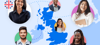 An illustrated map of the UK, surrounded by photos of international students and education professionals.