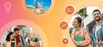 ApplyInsights banner on a yellow and pink background featuring round photos of smiling students, the US Capitol Building, and some line illustrations of charts