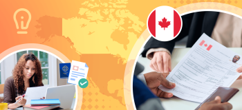 A woman reviews paperwork while sitting at a table in a bright room in one part of the image. In another, a study permit form with a Canadian flag in its upper corner is held above a table in one hand as the other hand holds a wallet.