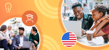 International students sit together, facing a laptop, framed by a yellow illustrated background and an image of the American flag.