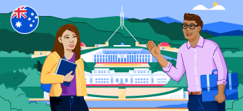 An illustration of the Australian Parliamentary building and grounds, with two students in front of it. An illustration of the Australian flag is in the top corner.
